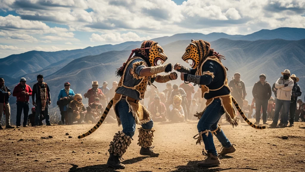 Luchadores 'tigre' en un combate ritual durante la Petición de Lluvia, una de las más profundas tradiciones y costumbres del pueblo Tlapaneco (Me'phaa) en Guerrero.
