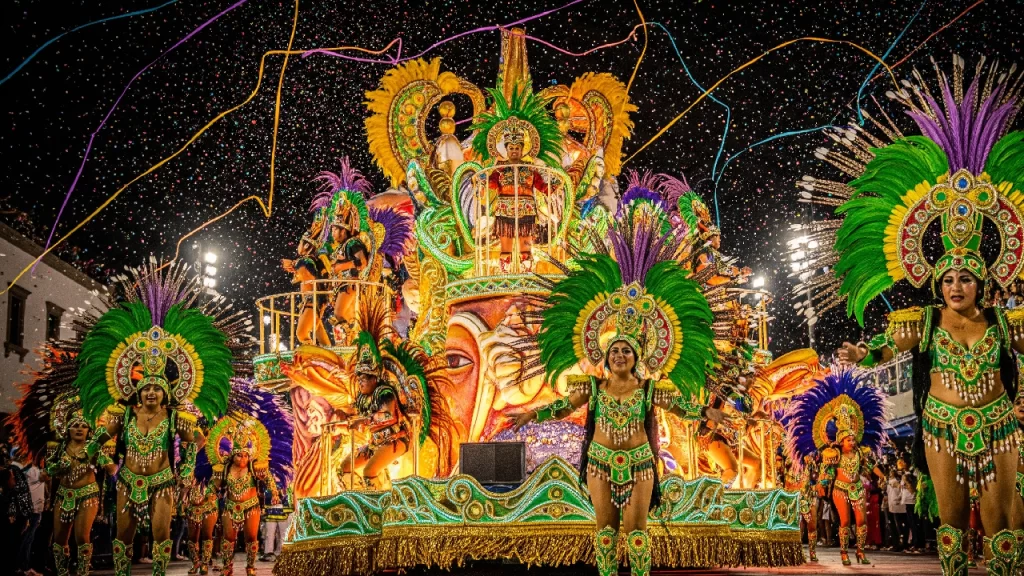 Bailarines con trajes de plumas y lentejuelas en un carro alegórico iluminado durante el espectacular Carnaval de Veracruz, una de las más alegres tradiciones y costumbres de México.