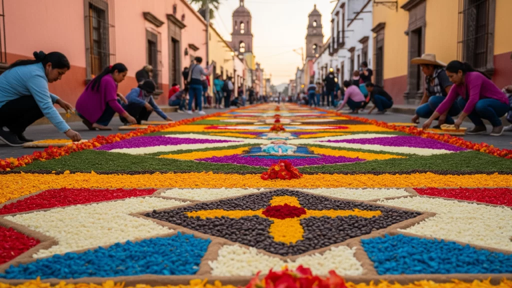 Detalle de una monumental alfombra floral durante la Feria de las Flores en Huauchinango, Puebla, una tradición de arte efímero dedicada al Señor del Santo Entierro.