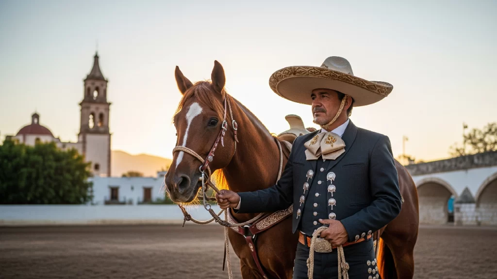 Un elegante charro de los Altos de Jalisco con su caballo, representando la tradición de la charrería en Lagos de Moreno, Jalisco.