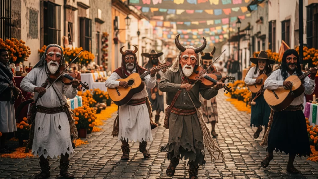 Un grupo de Huehuentones con máscaras y música celebrando el Día de Muertos, una de las tradiciones más importantes del pueblo Mazateco de la Sierra de Oaxaca.