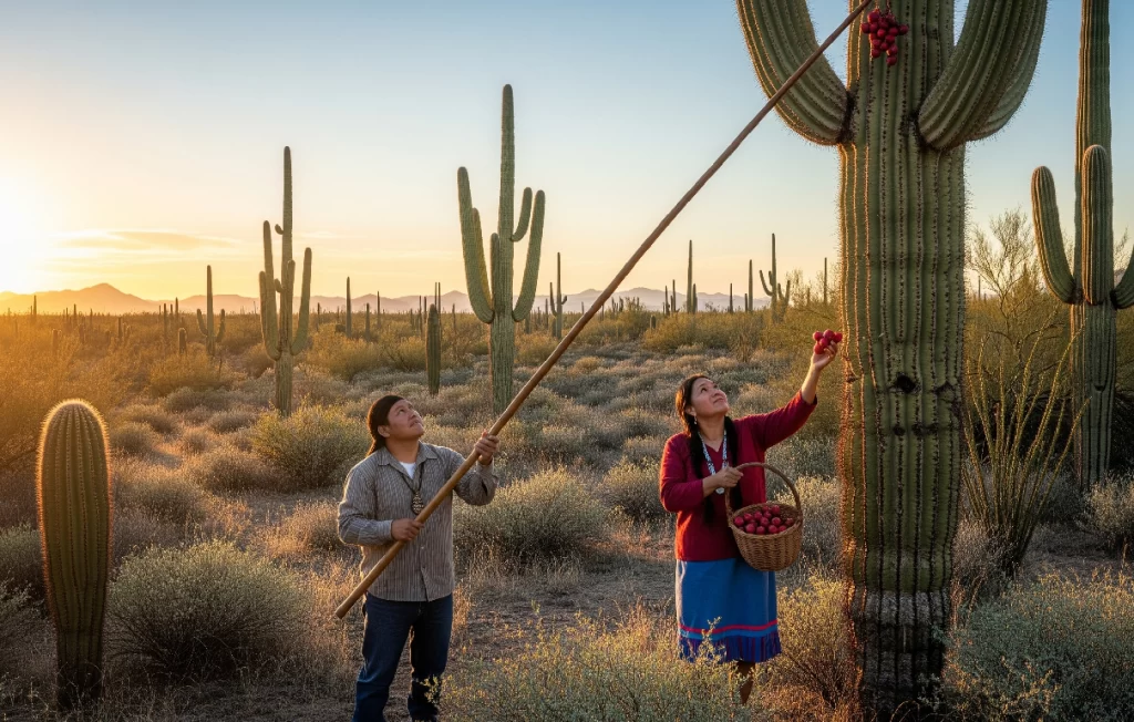 Familia Tohono O'odham (Pápago) en la cosecha ceremonial del sahuaro al amanecer en el Desierto de Sonora, una de sus más importantes tradiciones ancestrales.