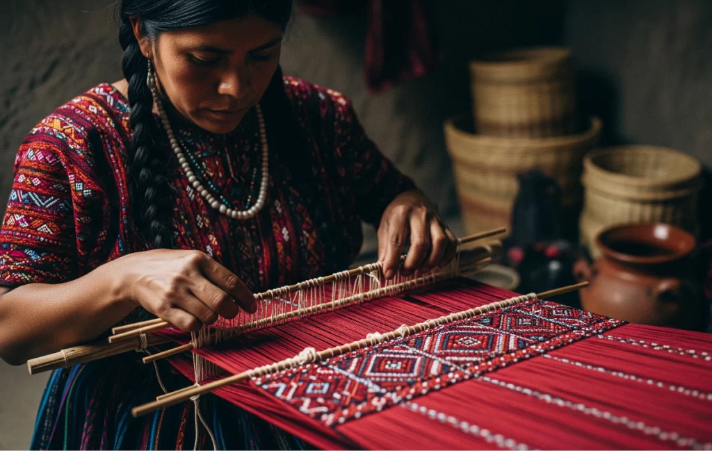 Mujer indígena Triqui tejiendo de forma artesanal un huipil rojo tradicional en un telar de cintura, una de las más bellas tradiciones de Oaxaca.