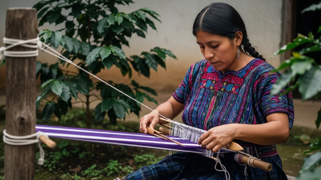Mujer Tzeltal de los Altos de Chiapas tejiendo en un telar de cintura, una tradición ancestral para crear sus huipiles y textiles.