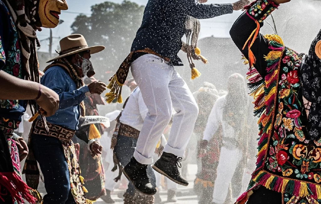 Un danzante 'Choré' con máscara tradicional de madera participa en el enérgico Carnaval Zoque de Ocozocoautla, una tradición ancestral de Chiapas.