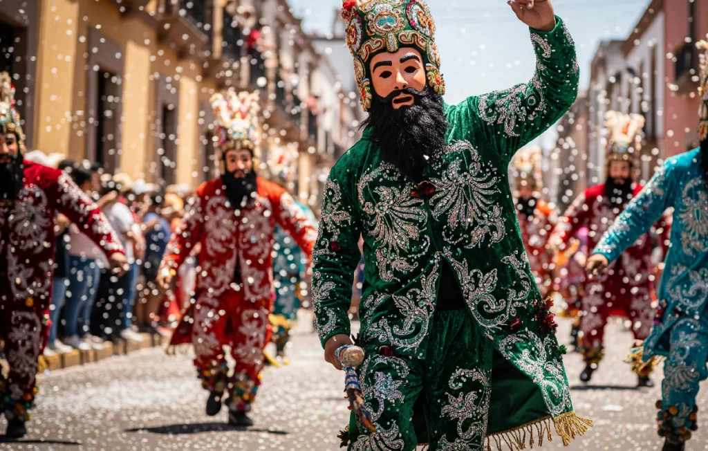 Bailarines Chinelos con sus coloridos trajes de terciopelo y máscaras tradicionales durante el energético carnaval, una de las más famosas tradiciones de Morelos.