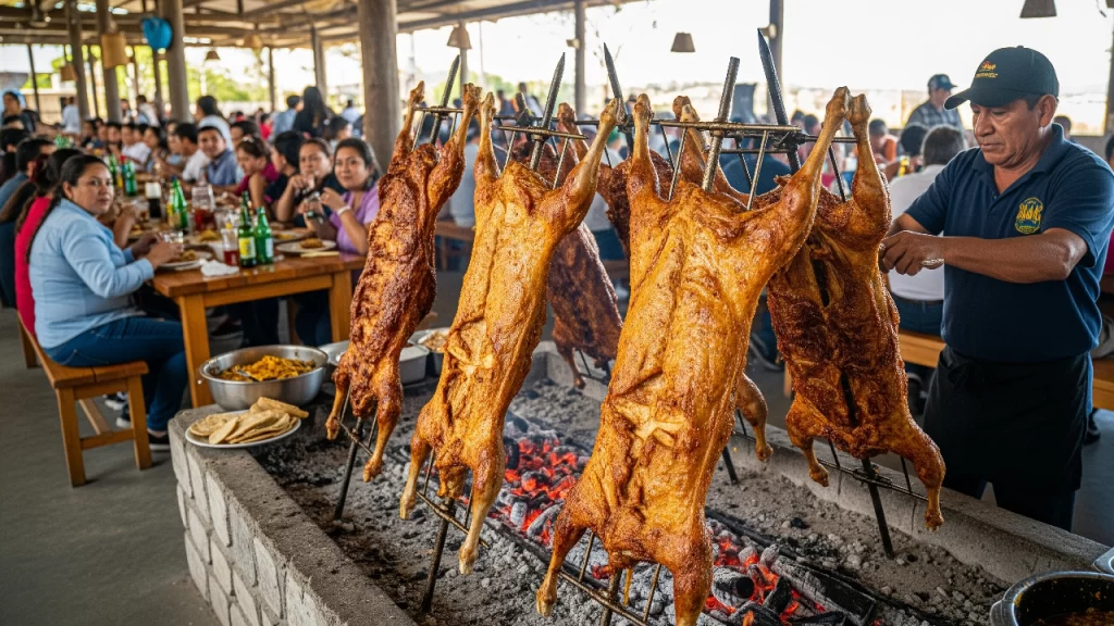 Cabrito al pastor asándose lentamente sobre brasas, una de las más deliciosas y emblemáticas tradiciones culinarias de Nuevo León.