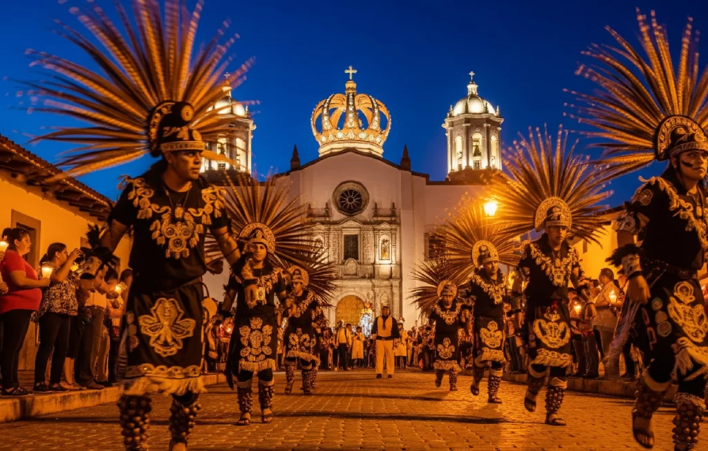 Danzantes Aztecas con penachos de plumas celebran la procesión nocturna a la Parroquia de Nuestra Señora de Guadalupe, una arraigada tradición de Puerto Vallarta.