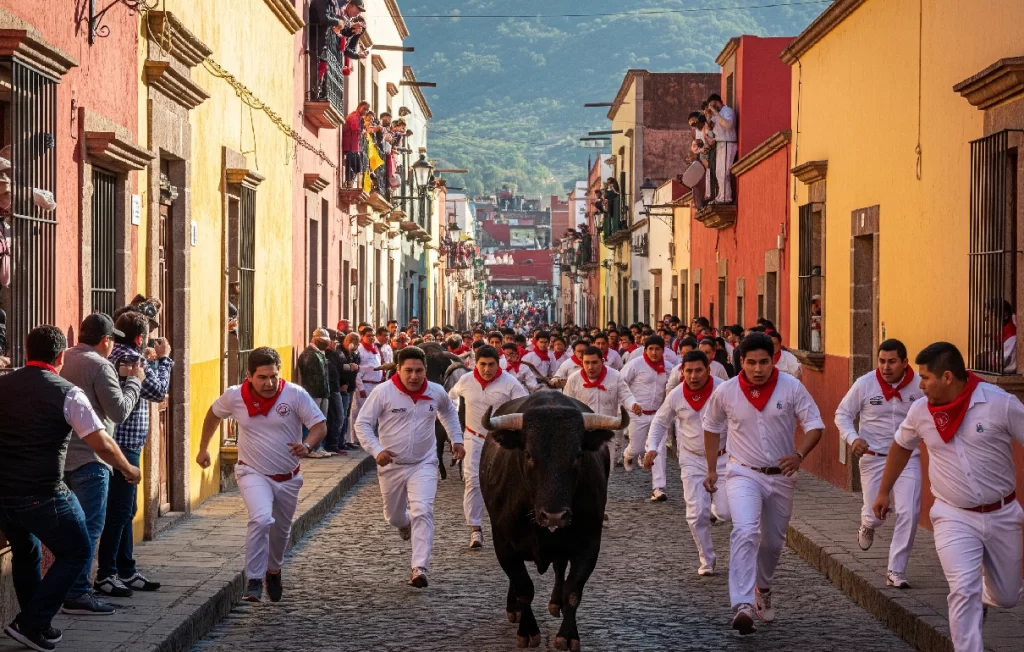 Corredores huyen de un toro durante La Marquesada en las calles coloniales de Salvatierra, Guanajuato, la tradición más famosa y emocionante de la ciudad.