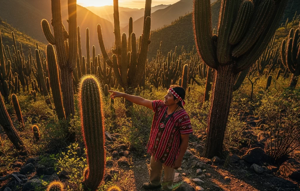 Guía local en la Reserva de la Biósfera Tehuacán-Cuicatlán, rodeado de cactus columnares y explicando la tradición de la cuna del maíz.