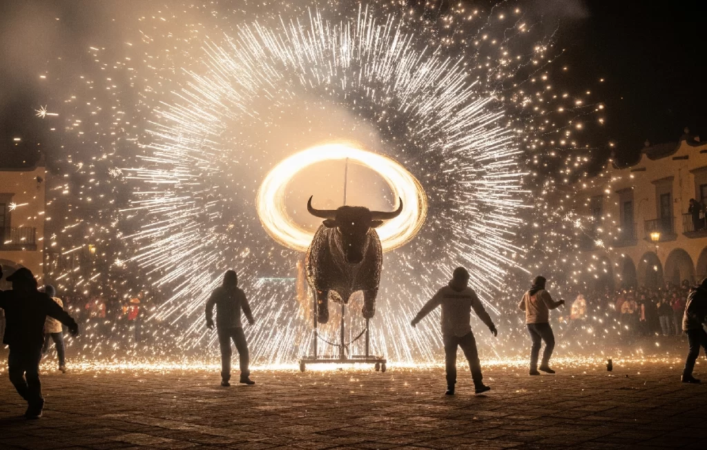 Un "torito" monumental explota en chispas durante la Quema de Toritos, la fiesta pirotécnica más famosa y tradicional de Tultepec, Estado de México.