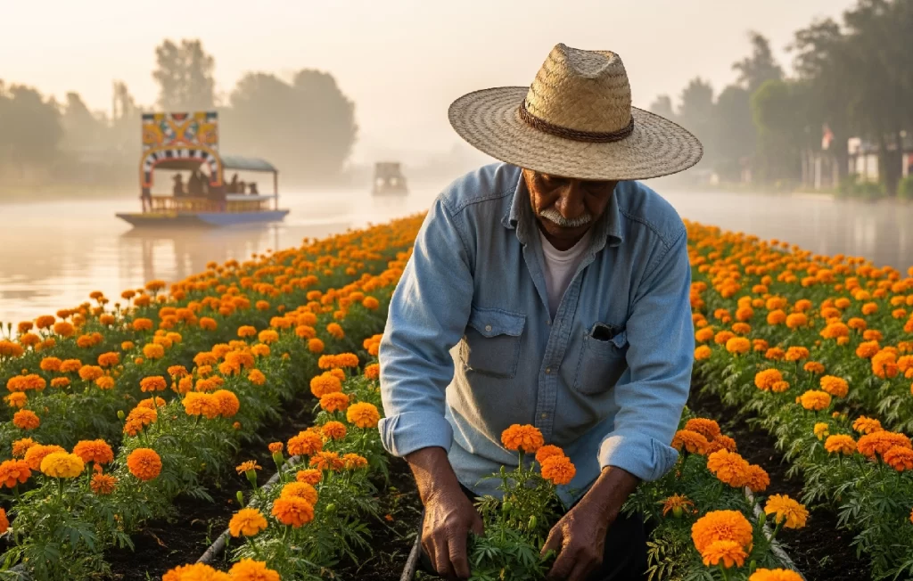 Agricultor local cultivando flores de cempasúchil en una chinampa de Xochimilco al amanecer, mostrando la tradición agrícola ancestral de los jardines flotantes.