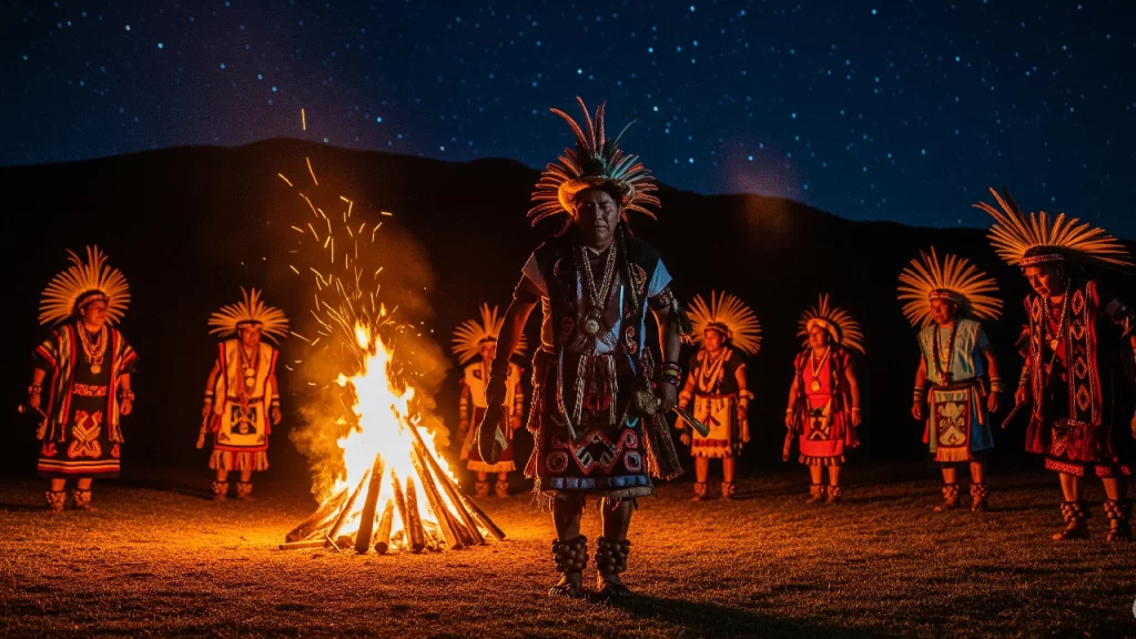 Ceremonia nocturna de la Tuburada del pueblo Guarijío, con el líder espiritual Maynate y danzantes con trajes tradicionales alrededor de una fogata en la Sierra Madre Occidental.