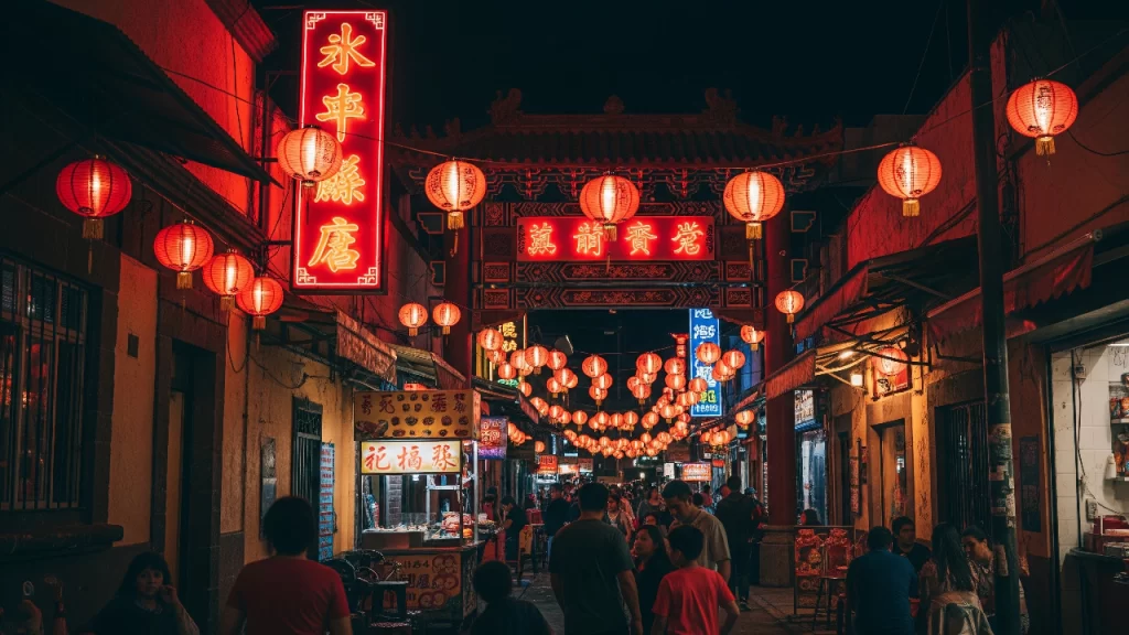 Noche vibrante en el barrio de La Chinesca, una de las tradiciones más arraigadas de Mexicali, con callejones iluminados por faroles rojos y letreros de neón.