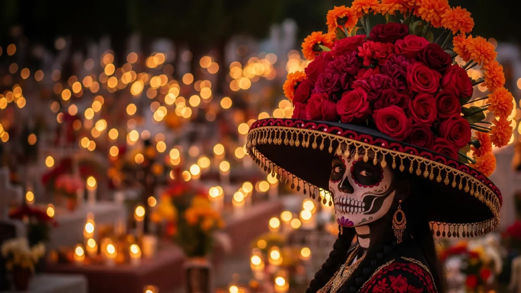 Impresionante Catrina con maquillaje de calavera y sombrero de flores de cempasúchil, en un panteón mexicano adornado con miles de velas para la celebración del Día de Muertos.