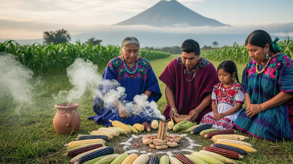 Familia nahua en trajes bordados rindiendo tributo al maíz durante una ceremonia en su milpa, como parte de sus tradiciones ancestrales en México.