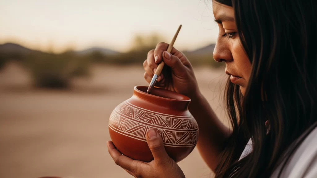 Primer plano de las manos de una artesana Pai Pai pintando diseños tradicionales en una vasija de barro, mostrando la herencia alfarera de su pueblo.