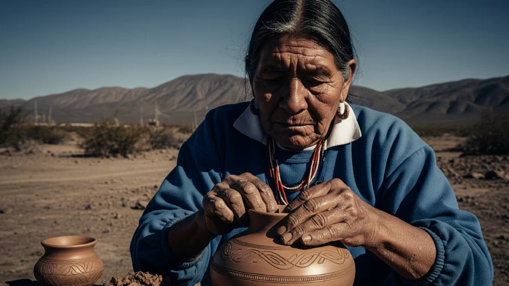Anciano del pueblo Kiliwa moldeando arcilla para crear alfarería tradicional, en medio del paisaje árido de Baja California, manteniendo viva la herencia cultural.