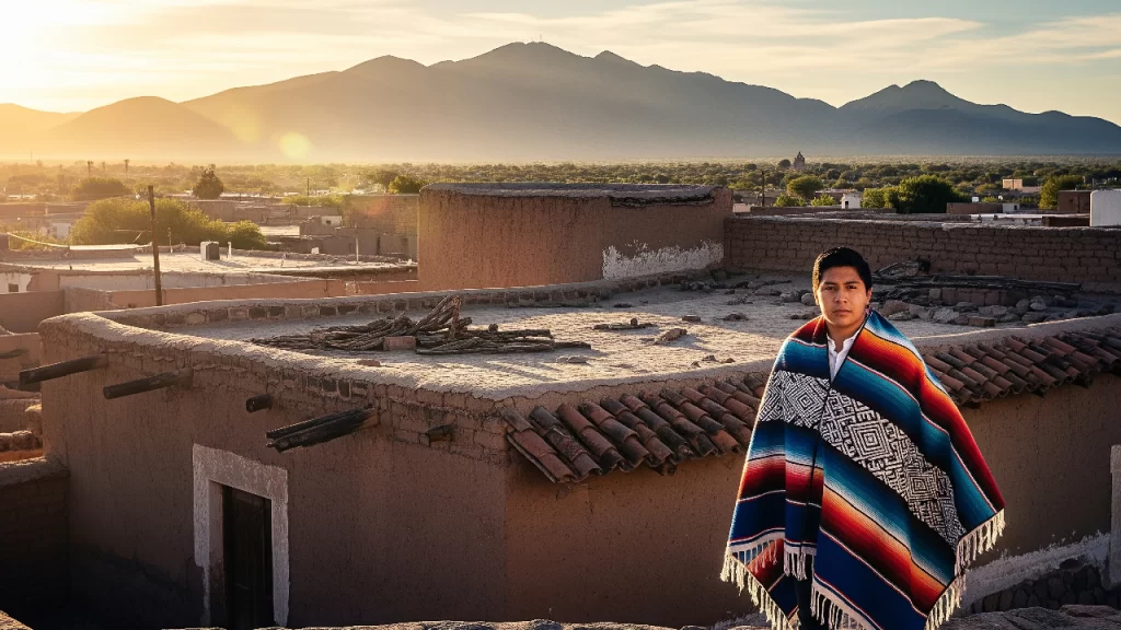 Hombre joven portando con orgullo un sarape tradicional de Saltillo, con sus colores vivos y patrones geométricos, en el paisaje semidesértico de Coahuila al atardecer.