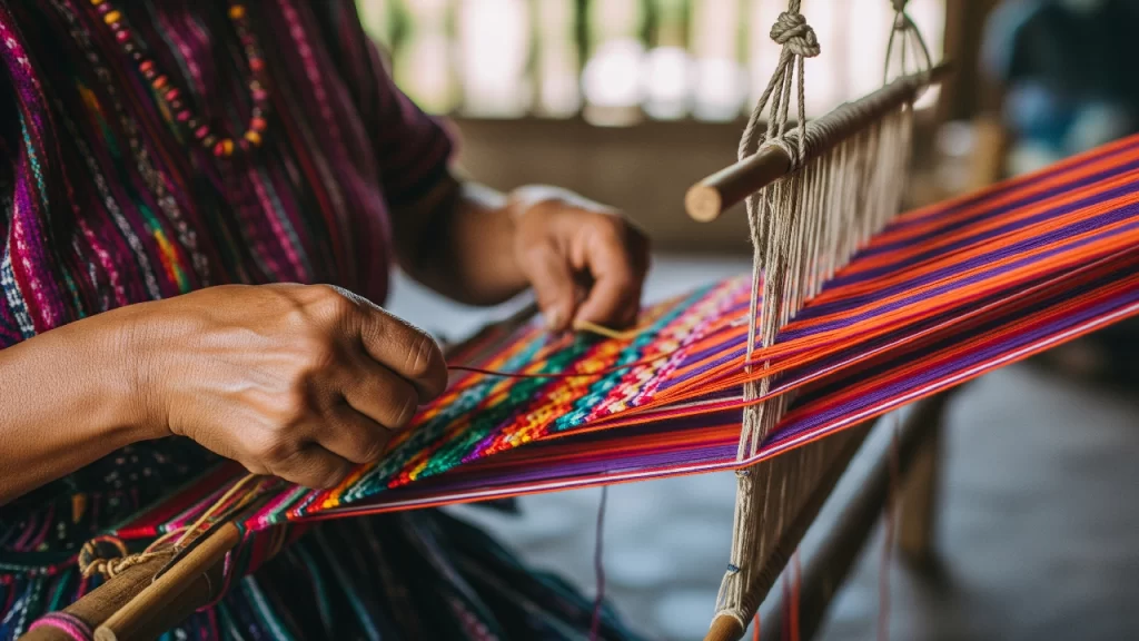 Tejedora maya Tzotzil creando un textil tradicional en un telar de cintura, mostrando la complejidad y el colorido de la herencia artesanal de los Altos de Chiapas.