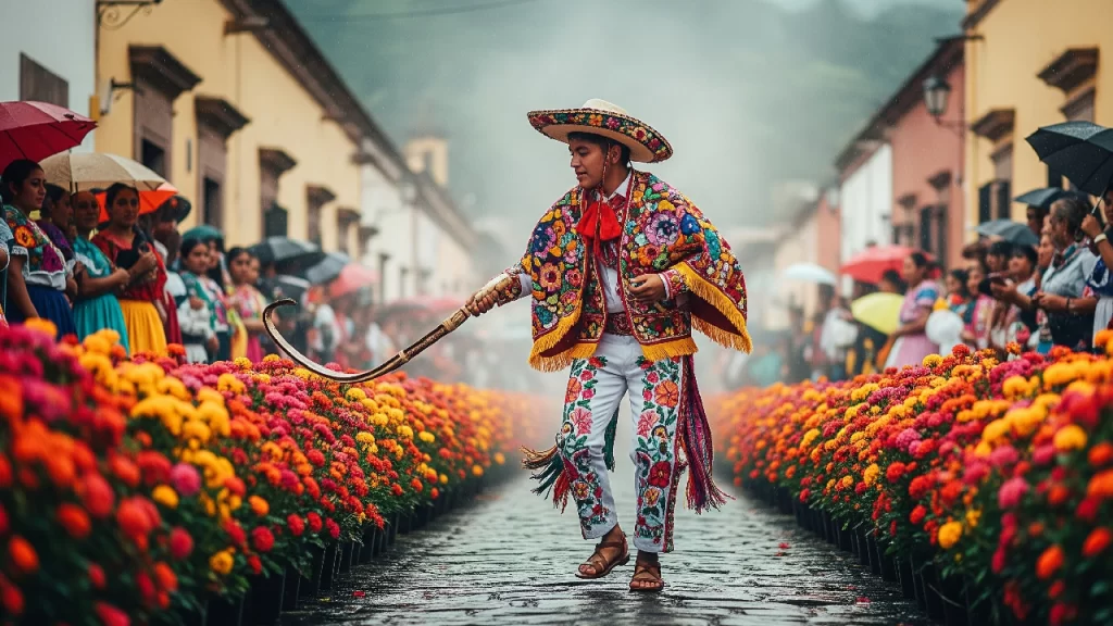 Hombre joven con traje típico xalapeño bailando con energía en un vibrante festival en las calles coloniales de Xalapa, rodeado de flores y la característica neblina de la región.