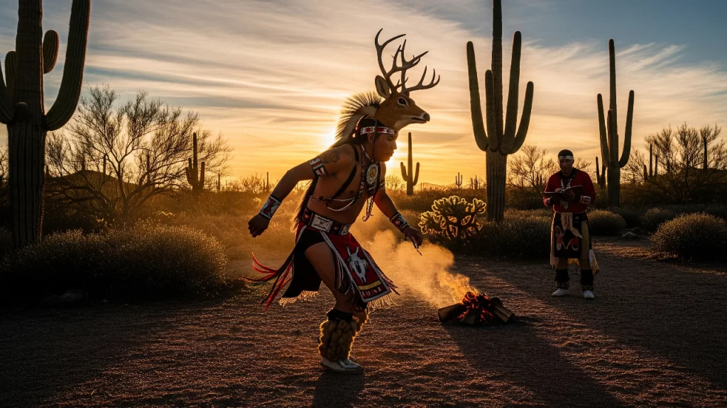 Bailarín del pueblo Yaqui interpretando la tradicional Danza del Venado en el desierto de Sonora, capturado en un momento de intensa expresión espiritual al atardecer.
